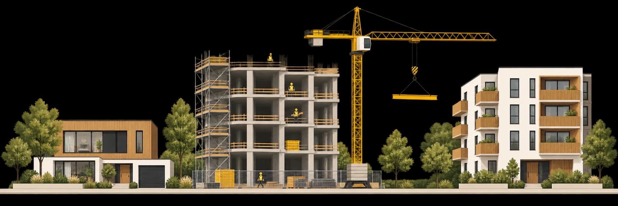 Ilustracja osiedla w budowie z dźwigiem i nowoczesnymi budynkami